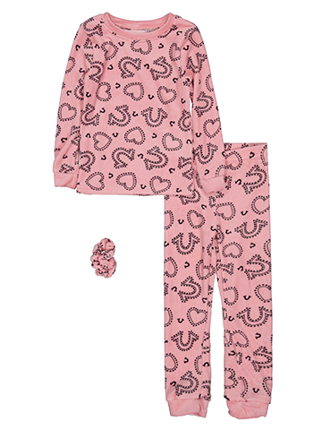 True Religion Girls' 3-Piece Horseshoe & Hearts Print Pajama Set with Scrunchie - CookiesKids.com