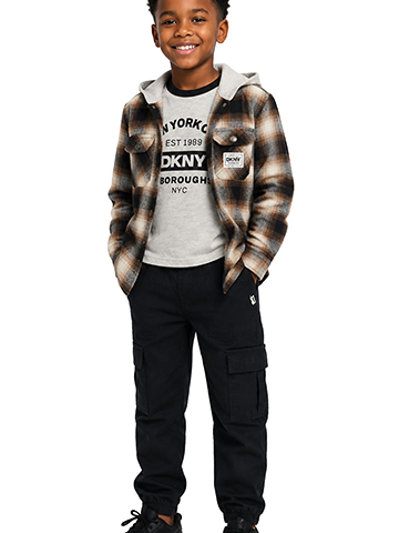 DKNY Boys' Plaid Hoodie Jacket, Graphic Tee, & Cargo Jogger Set - CookiesKids.com