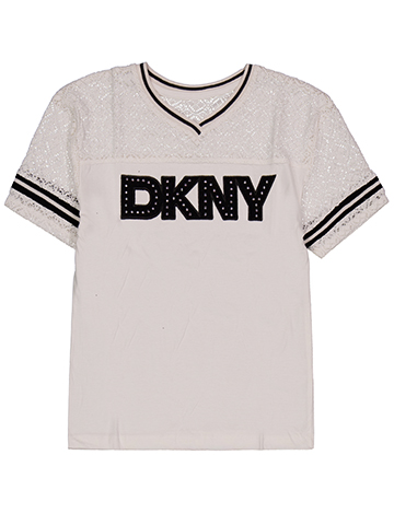 DKNY Girls' Short Sleeve Lace Shoulder Rhinestone Logo Graphic T-Shirt - CookiesKids.com