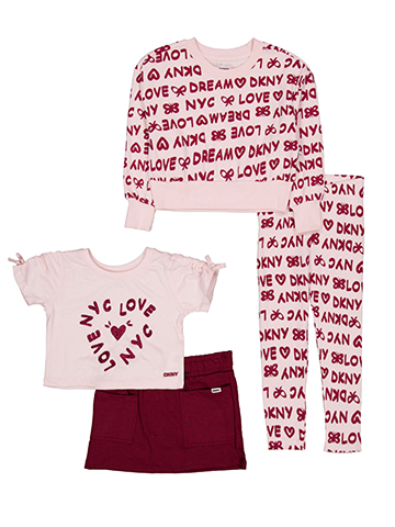 DKNY Girls' 4-Piece Love NYC Ribbon Print Tee, Skirt, Sweater, and Leggings Set - CookiesKids.com