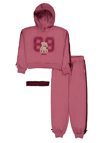 DKNY Girls' 3-Piece Ribbon Trim Teddy Bear Hoodie, Joggers, and Headband Set - CookiesKids.com