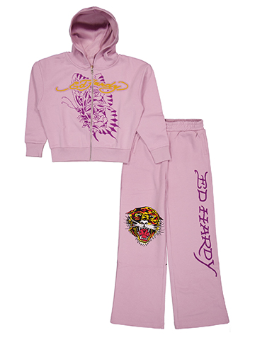 Ed Hardy Girls' Fleece Butterfly and Tiger Graphic Zip-Up Hoodie and Pants Set - CookiesKids.com
