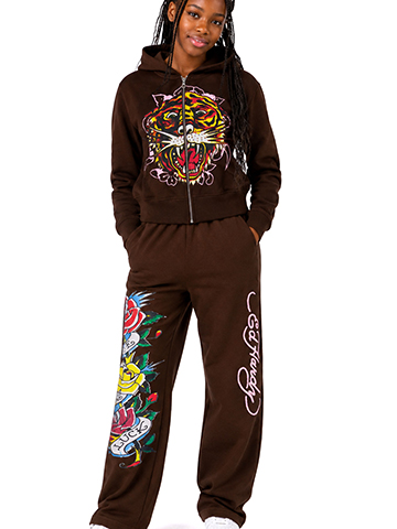 Ed Hardy Girls' Floral Tiger Fleece Zip-Up Graphic Hoodie and Pant Set - CookiesKids.com