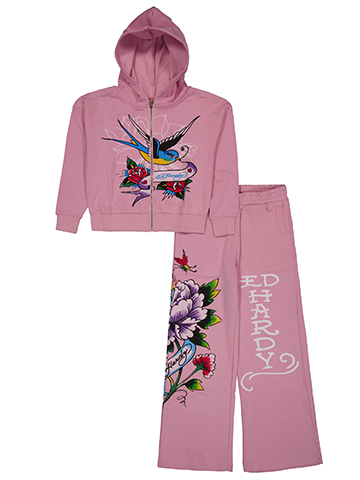 Ed Hardy Girls' 2-Piece Full-Zip Bird and Flowers Fleece Graphic Hoodie and Sweatpants Set - CookiesKids.com