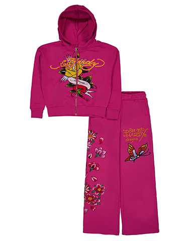 Ed Hardy Girls' 2-Piece Full-Zip Floral Fleece Graphic Hoodie and Sweatpants Set - CookiesKids.com