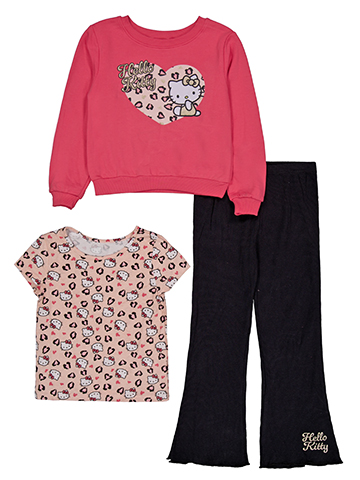 Hello Kitty Girls' Three-Piece Leopard Print Crewneck Sweatshirt, Tee, and Flared Pants Set - CookiesKids.com