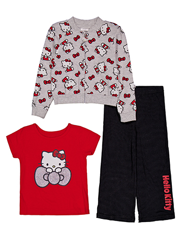 Hello Kitty Girls' Three-Piece Zip-Up Jacket, Tee, and Ribbed Pants Set - CookiesKids.com