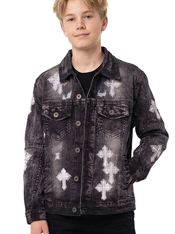 Evolution in Design Boys' Relaxed Denim Jacket with Cross Embroidery - CookiesKids.com
