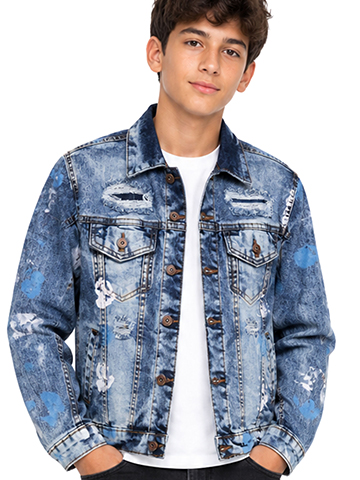 Evolution in Design Boys' Paint Splatter Distressed Denim Jacket with Copper Buttons - CookiesKids.com