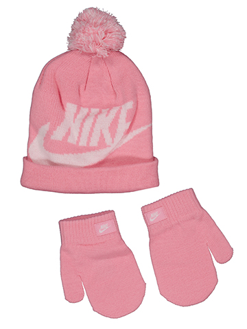 Nike Girls' Embroidered Swoosh Pom Beanie and Mittens Set - CookiesKids.com