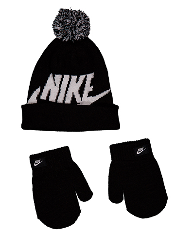Nike Boys' Embroidered Swoosh Pom Beanie and Mittens Set - CookiesKids.com