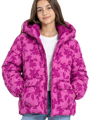 Girls' Floral Print Puffer Jacket with Hood - CookiesKids.com