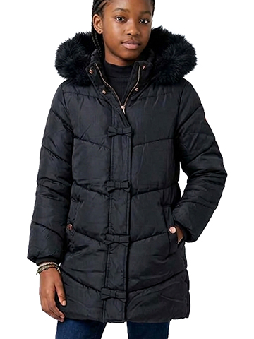 Girls' Hooded Long Puffer Jacket with Faux Fur Trim - CookiesKids.com