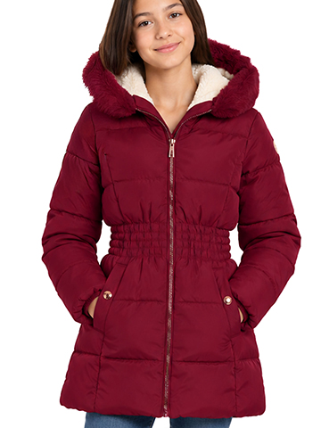 Kensie Girl Girls' Full-Zip Smocked Waist Puffer Coat with Faux Fur Hood - CookiesKids.com