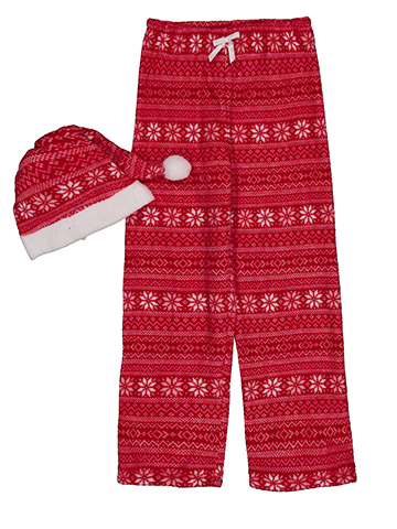 Rene Rofe Girls' Holiday Snowflake Pajama Pants Set with Santa Hat - CookiesKids.com