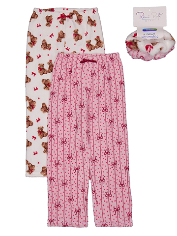 Rene Rofe Girls' 2-Pair Ribbon Print Pajama Pants Set with Scrunchies - CookiesKids.com