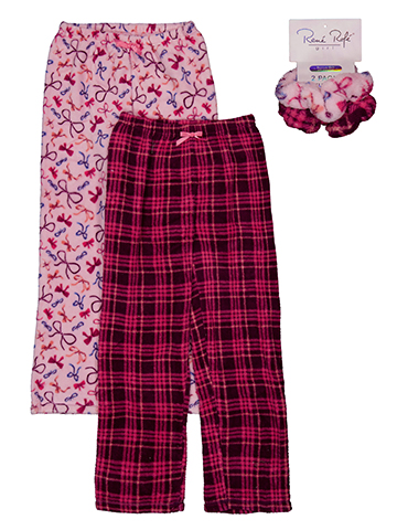 Rene Rofe Girls' 2-Pair Ribbon Print and Plaid Pajama Pants Set with Scrunchies - CookiesKids.com
