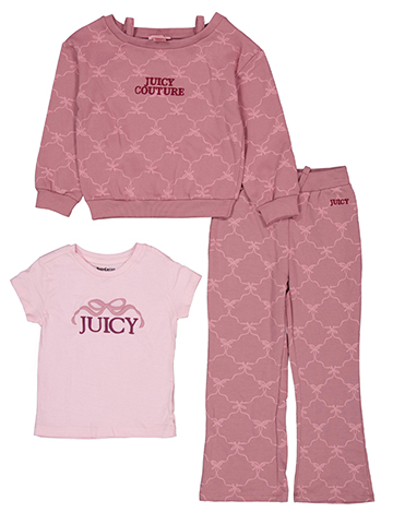 Juicy Couture Girls' Three-Piece Ribbon Print Sweatshirt, Tee, and Sweatpants Set - CookiesKids.com