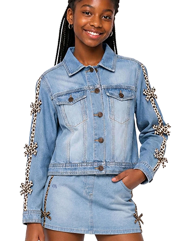 Aeropostale Girls' Denim Jacket with Satin Leopard Print Bow Trim - CookiesKids.com