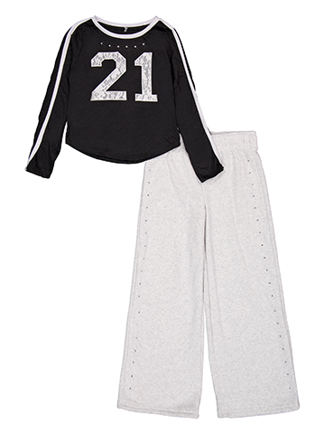Forever 21 Girls' 2-Piece Long Sleeve Ringer Top and Wide-Leg Fleece Pants Set - CookiesKids.com