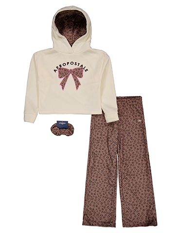 Aeropostale Girls' 3-Piece Fleece Leopard Print Bow Hoodie Wide-Leg Pants and Hair Tie - CookiesKids.com
