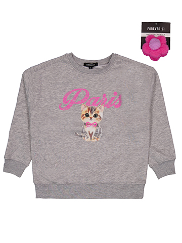 Forever 21 Girls' Paris Kitten Pullover Drop Shoulder Sweatshirt and Hair Clip Set - CookiesKids.com