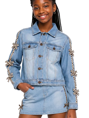 Aeropostale Girls' Denim Jacket and Skort with Leopard Print Satin Bow Trims - CookiesKids.com