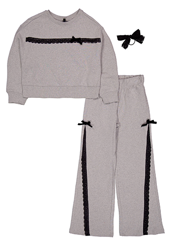 Forever 21 Girls' 3-Piece Lace Bow Applique Sweatshirt, Flare Sweatpants, and Hairtie Set - CookiesKids.com