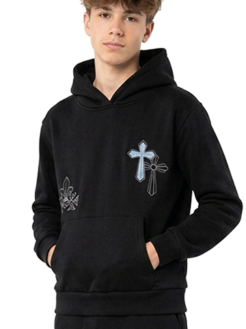 Navy Yard Boys' Hoodie with Denim Patch Cross and Fleur Design - CookiesKids.com