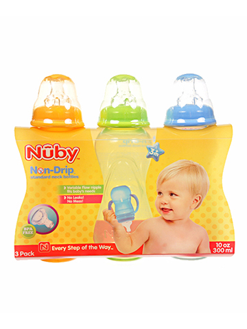 Nuby 3-Pack Non-Drip Standard Neck Bottles (10 oz.) - CookiesKids.com
