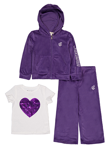 Rocawear Girls' 3-Piece Velour Zip-Up Hoodie Set, S/S Logo Heart Graphic Tee, and Velour Flare Pants - CookiesKids.com