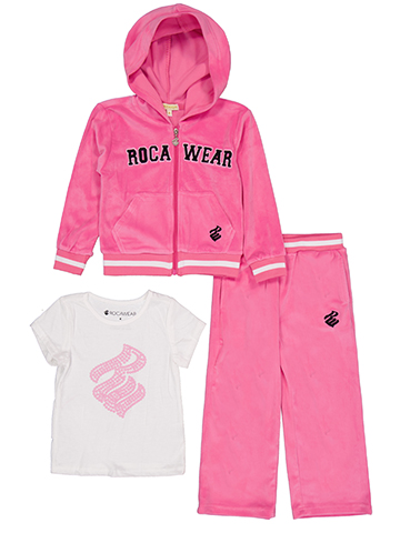 Rocawear Girls' Three-Piece Zip-Up Velour Logo Hoodie, S/S Tee, and Velour Pants Set - CookiesKids.com