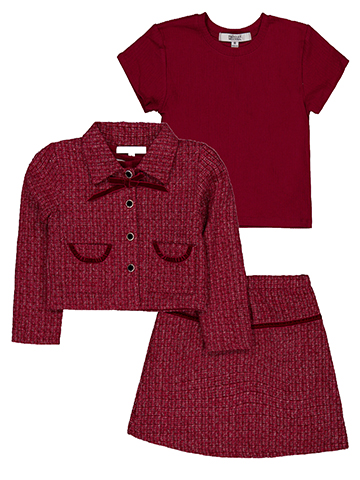 Badgley Mischka Girls' 3-Piece Tweed Bow Jacket & Skirt Set with Ribbed Tee - CookiesKids.com