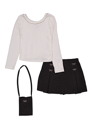 Badgley Mischka Girls' 3-Piece L/S Rhinestone Trim Shirt, Ponte Skirt, and Bag - CookiesKids.com