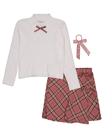 Badgley Mischka Girls' Long Sleeve Ribbed Shirt, Plaid Skirt and Hair Bow Set - CookiesKids.com