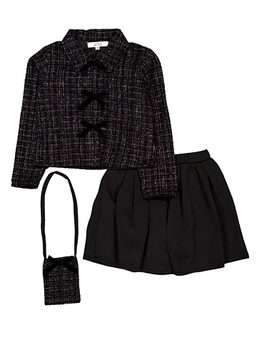 Badgley Mischka Girls' 3-Piece Tweed Bow Jacket and Pointe Skirt with Bag - CookiesKids.com