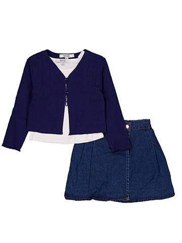Badgley Mischka Girls' 3-Piece Ribbed Cardigan, Floral Tee, and Denim Wrap Skort Set - CookiesKids.com