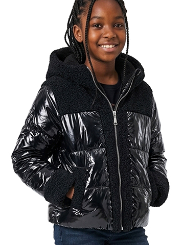 Sam Edelman Girls' Full-Zip Hybrid Metallic-Sherpa Puffer Jacket with Hood - CookiesKids.com