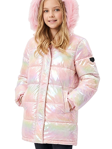 Sam Edelman Girls' Full-Zip Iridescent Puffer Jacket with Faux Fur Hood - CookiesKids.com