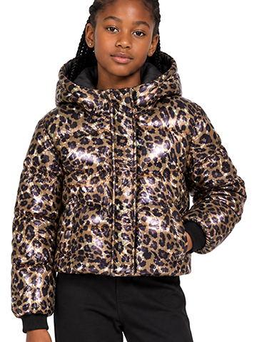 Sam Edelman Girls' Leopard Print Velboa Lined Puffer Jacket with Hood - CookiesKids.com