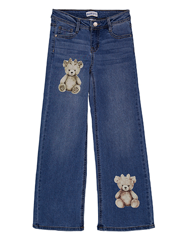 Blue Spice Girls' Wide-Leg Rhinestone Teddy Bear Embroidered Jeans - CookiesKids.com