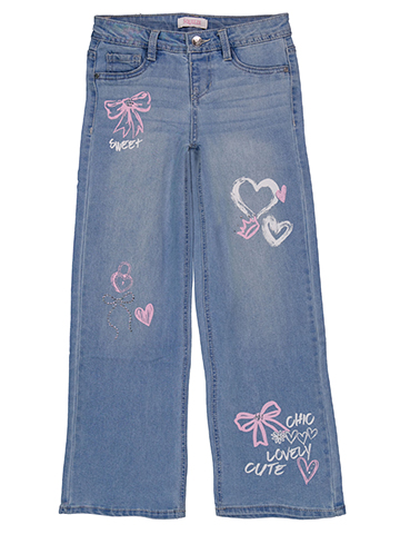 Squeeze Girls' Wide Leg Jeans with Heart and Bow Embroidery - CookiesKids.com