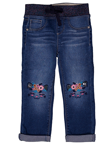 Blue Ink Girls' Pull-On Jeans with Lurex Knit Waistband and Embroidered Details - CookiesKids.com