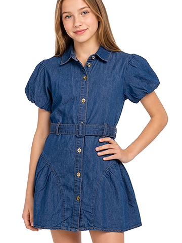 Sweet Butterfly Girls' Puffed Sleeve Belted Shirt Dress - CookiesKids.com
