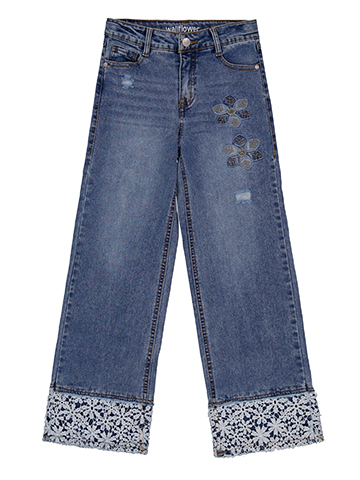 Wallflower Girl Girls' Wide-Leg Jeans with Floral Applique and Lace Trim - CookiesKids.com