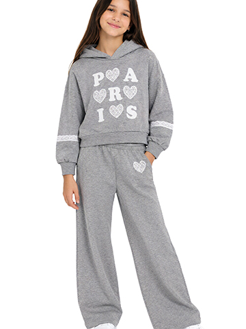Sweet Buttefly Girls' Fleece Paris Hearts Lace Hoodie and Wide Leg Pants Set - CookiesKids.com