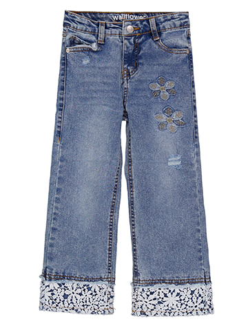 Wallflower Girls' Wide-Leg Floral Applique Denim Jeans with Lace Hem - CookiesKids.com