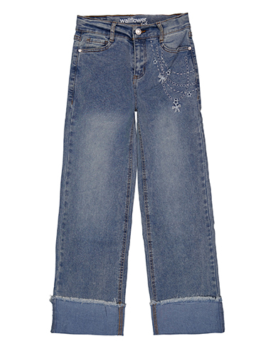 Wallflower Girls' Wide-Leg Denim Jeans with Embroidered Chain Detail - CookiesKids.com