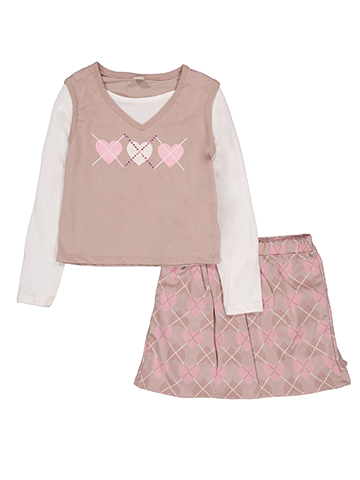 Sweet Butterfly Girls' 2-Piece Heart Print Pleated Argyle Scooter and Long-Sleeve Top and Vest Set - CookiesKids.com