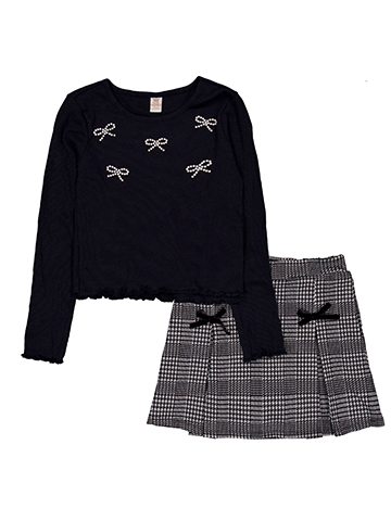 Sweet Butterfly Girls' Long Sleeve Pearl Bow Ribbed Top and Houndstooth Skirt Set - CookiesKids.com